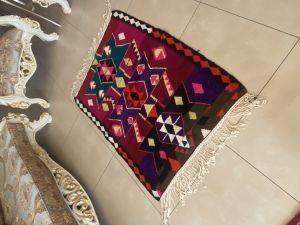 Ocean Hand Knotted Authentic Kilim Rug with White Tassels, Bohemian Carpet