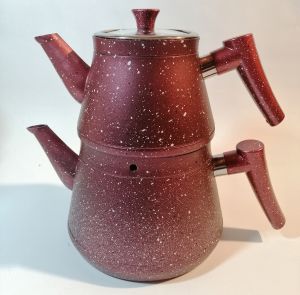 Burgundy Granite Turkish Teapot Set with Tempered Glass Lid