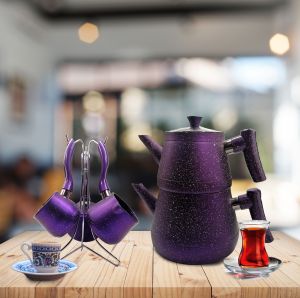 Granite Turkish Teapot Set and Coffee Pot Set With Hanger Purple