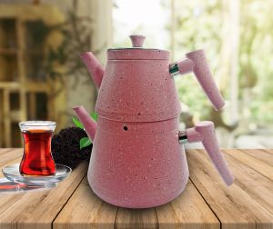 Pink Granite Turkish Teapot Set with Glass Lid