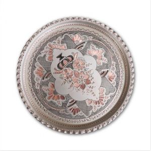 Thick Round Copper Tray With Rose Flower Silver - 38x38 - Silver Trays, Copper|Metal Trays