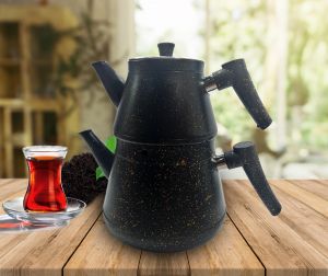 Black Granite Turkish Teapot Set with Glass Lid