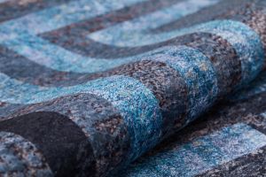 Lofto Modern Anthracite Floor Blue Striped Border Detailed Washable Carpet