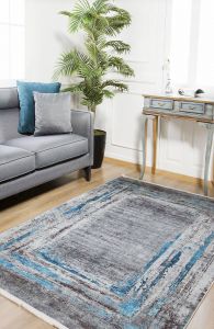 Lofto Modern Gray Anthracite Color Turquoise Stripe Washable Carpet