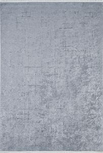 Modern Grey Background Silver Line Detailed Washable Living Room Rug 