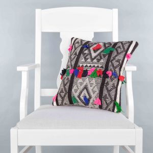 Modern Classical Rug Patterned Hand Woven Cushion - 40x40 - Black & White Pillows, Wool Pillows