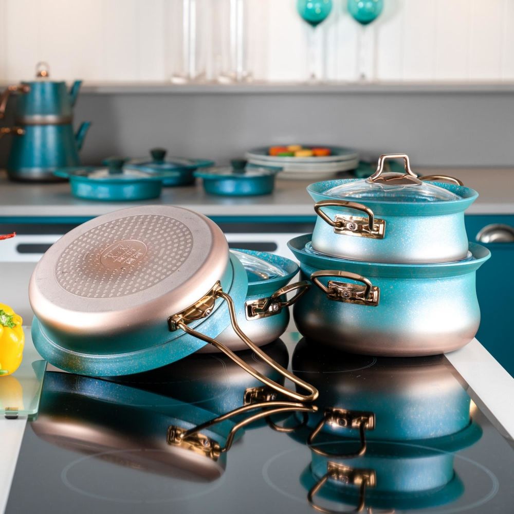 7 Pieces Granite Cookware Set - Ocean Blue & Copper - 24x24 - Blue