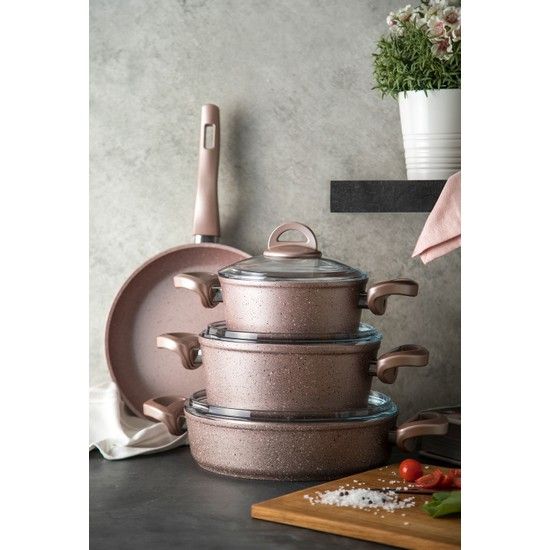 7 Piece Golden Pink Granite Cookware Set