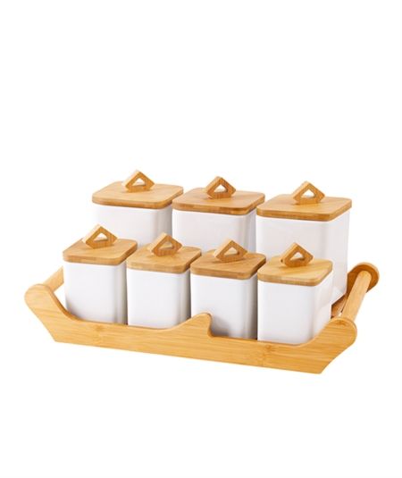 7-Pieces Spice Jar with Bamboo Tray and Lids, White Porcelain Jars &  Canisters
